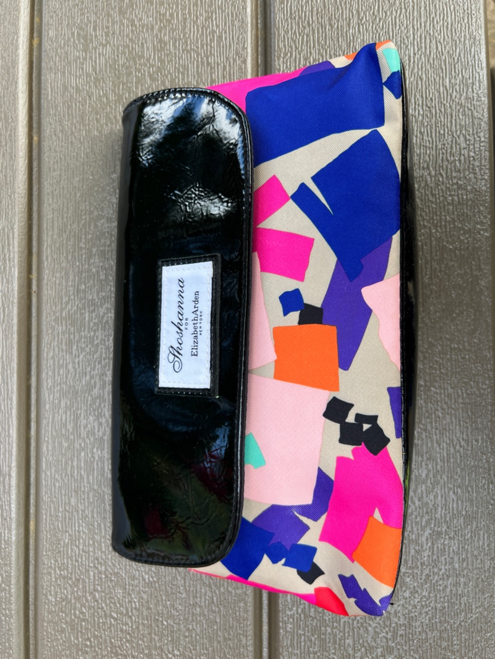 Shoshanna Multicolor Abstract Print Cosmetic Bag with Black Patent Trim